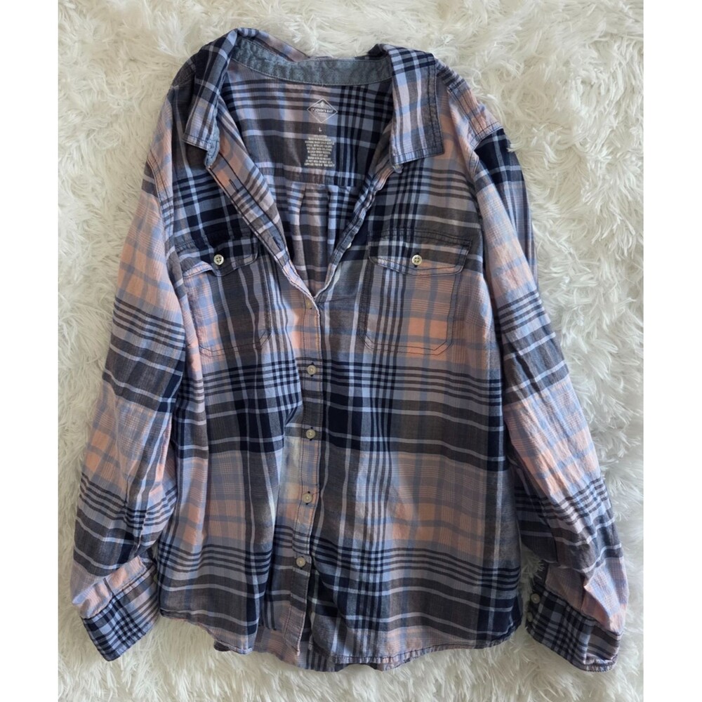 St Johns Bay Plaid Button Down Shirt Women Large Blue Pink Cotton Casual Top